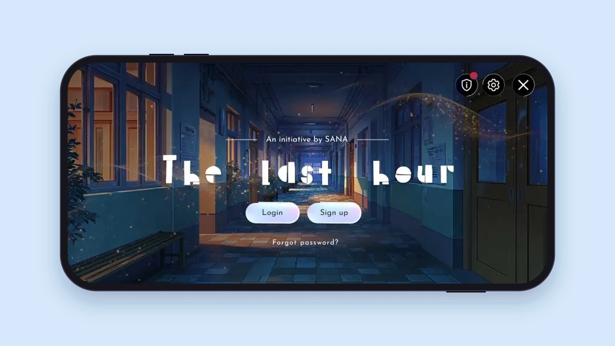 The Last Hour login screen on a landscape phone, with the title over a school corridor at night and Login and Sign up buttons