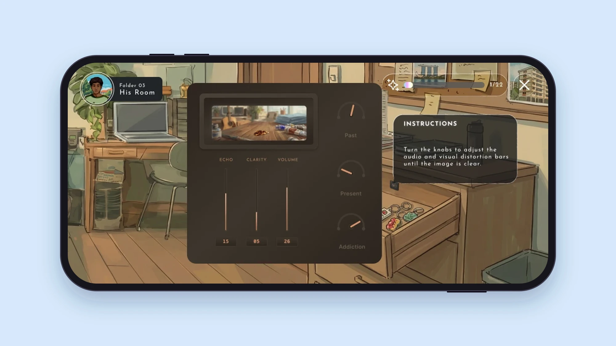 A puzzle with a small image screen, three sliders for echo, clarity and volume, and three knobs labelled Past, Present and Addiction, with instructions to turn the knobs until the image is clear
