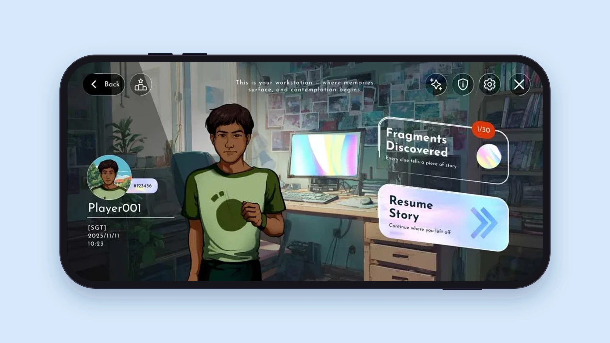 The player's workstation, a cluttered desk and a character in a green T-shirt, with Fragments Discovered and Resume Story panels