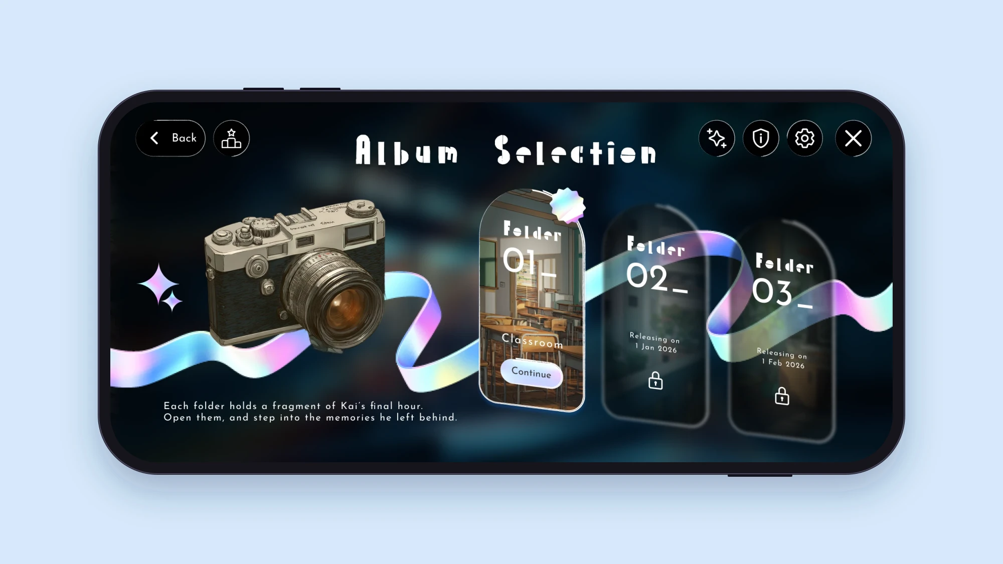 The Album Selection screen with a camera and three folders. Folder 01, the Classroom, is open and Folders 02 and 03 are locked until their release dates