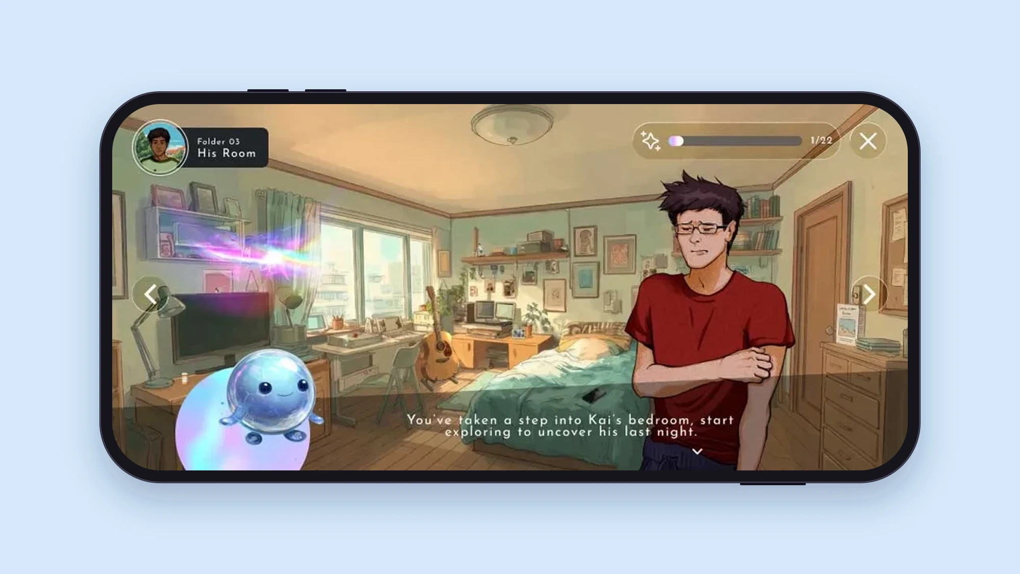 Kai's bedroom, with a desk, a guitar and a bed, and a character in a red T-shirt on the right, as the player starts exploring
