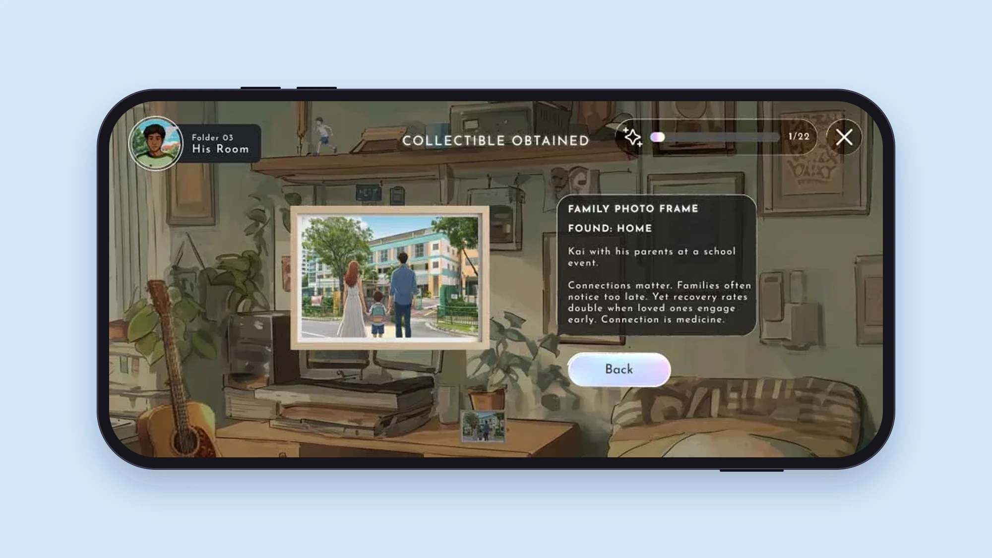 A collectible obtained in the game, a framed family photo of Kai with his parents, with a note about why connections matter