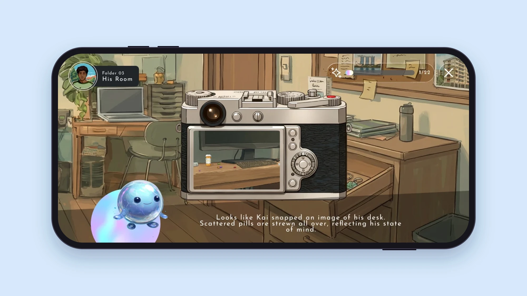 A film camera on screen in Kai's room, its display showing his desk with scattered pills, and a caption saying Kai snapped an image of his desk
