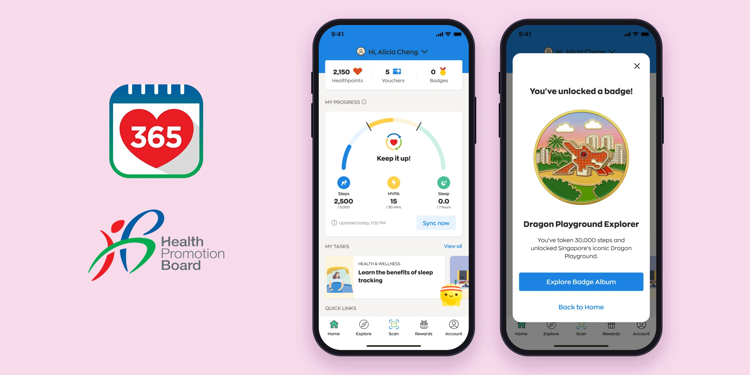 Two iPhones showing the Healthy 365 home screen and the You've unlocked a badge screen for the Dragon Playground Explorer badge, beside the Healthy 365 and Health Promotion Board logos