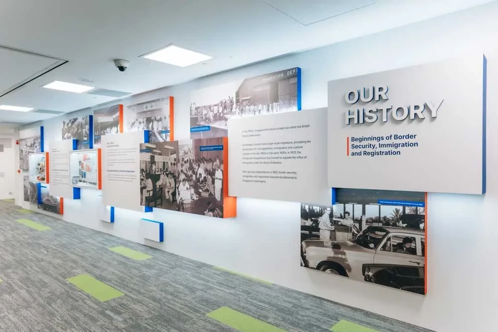 A wall called Our History, with black-and-white photographs and text about the beginnings of border security, immigration and registration